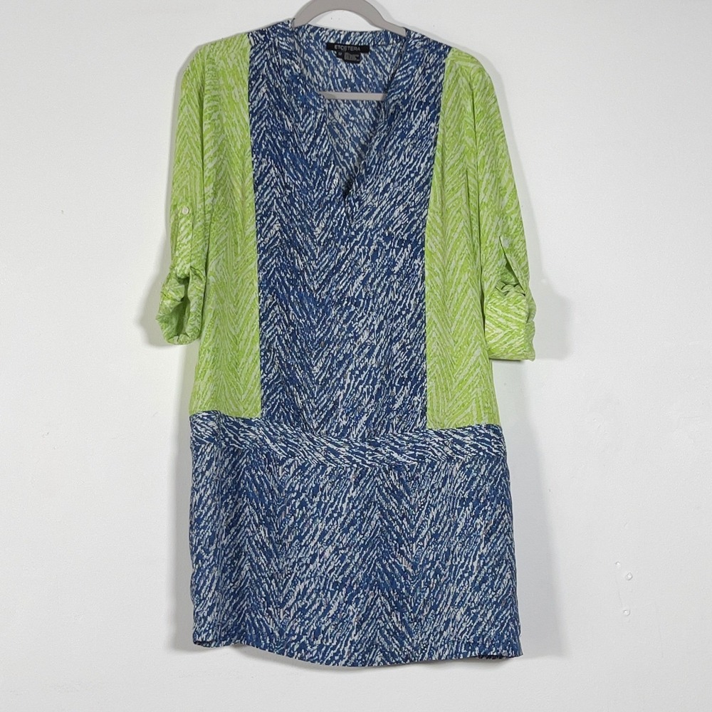 Etcetera V-Neck  Roll Tab Shift Dress Womens Sz 12 Blue Green‎ Colorblock